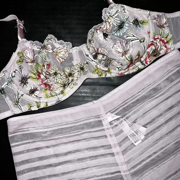Victoria's Secret 34B,34DD BRA SET S,M high-waist Lilac Pink floral applique - Picture 2 of 5